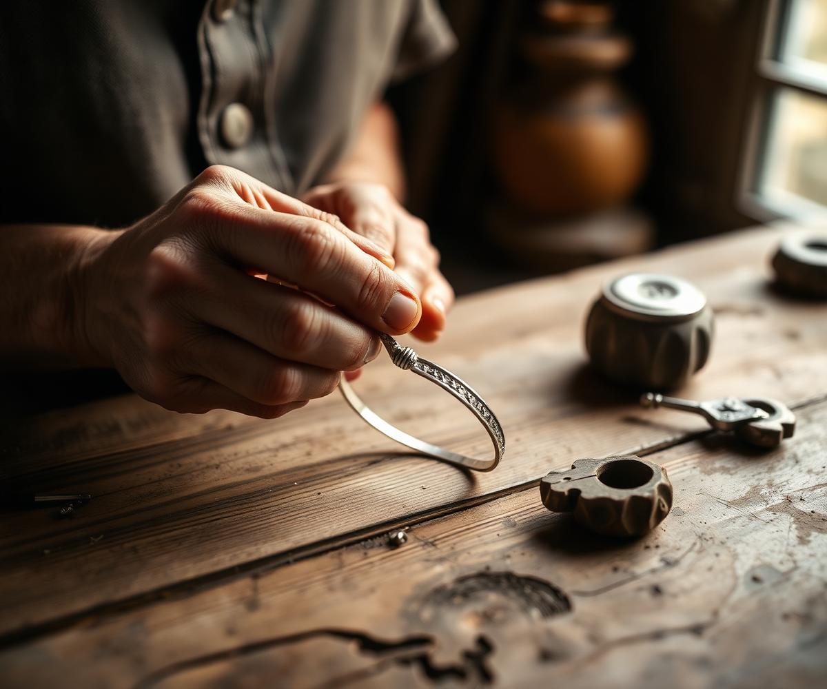 Artisan crafting a steel bracelet by hand